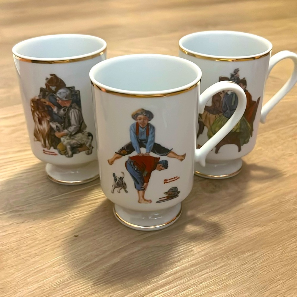 Set of 3 Vintage 1981 Danbury Mint Norman Rockwell Porcelain Mugs. EUC